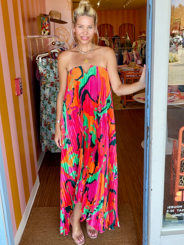 SWIRL SATIN PLEAT DRESS
