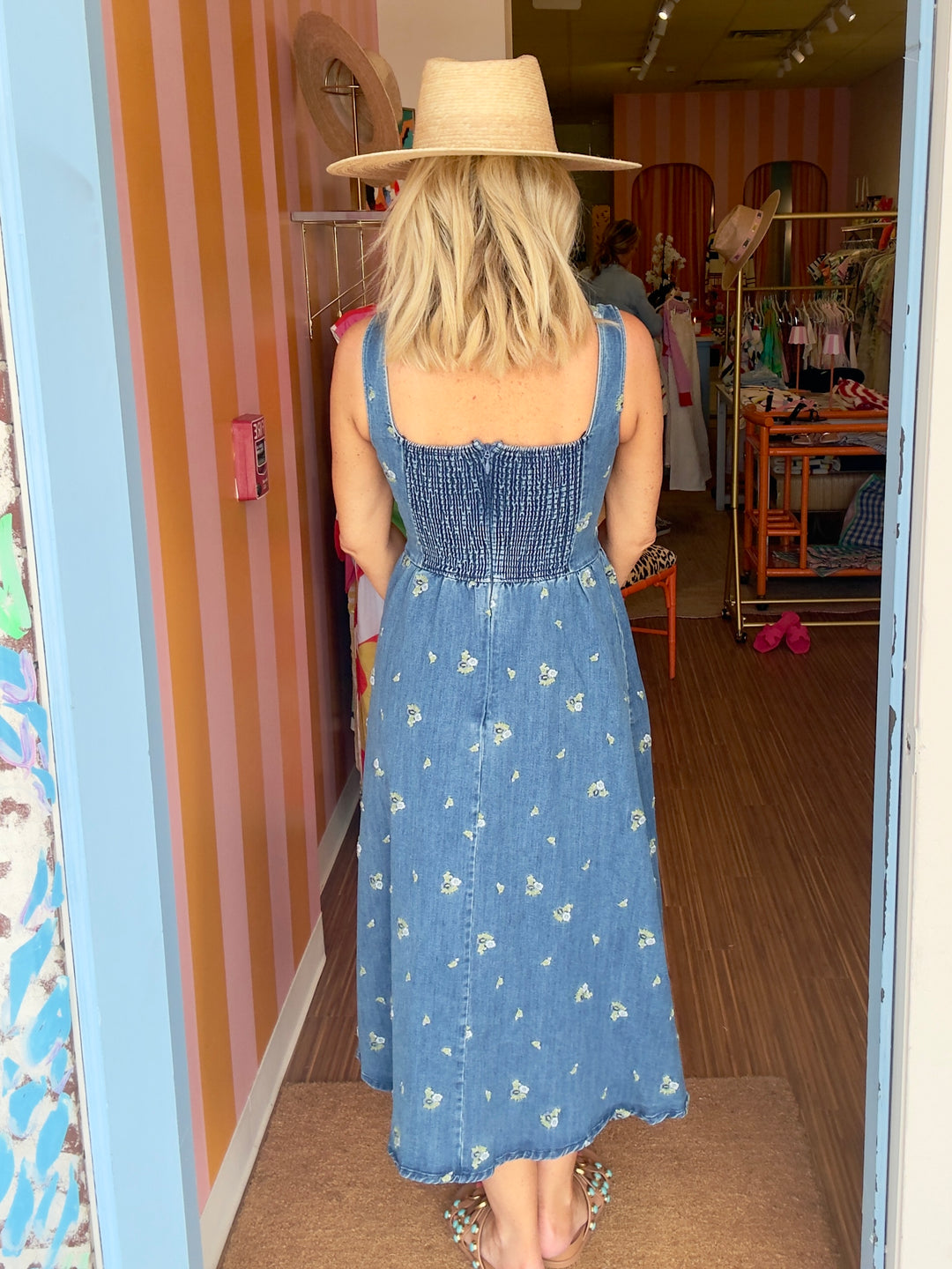 CLARA EMBROIDERED DENIM MIDI DRESS