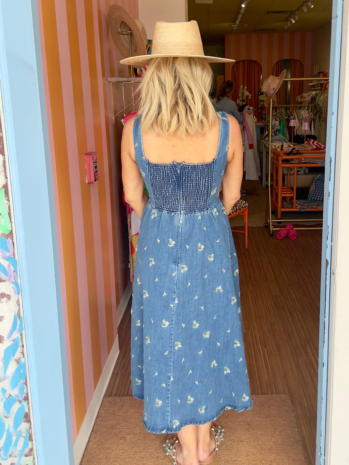 CLARA EMBROIDERED DENIM MIDI DRESS