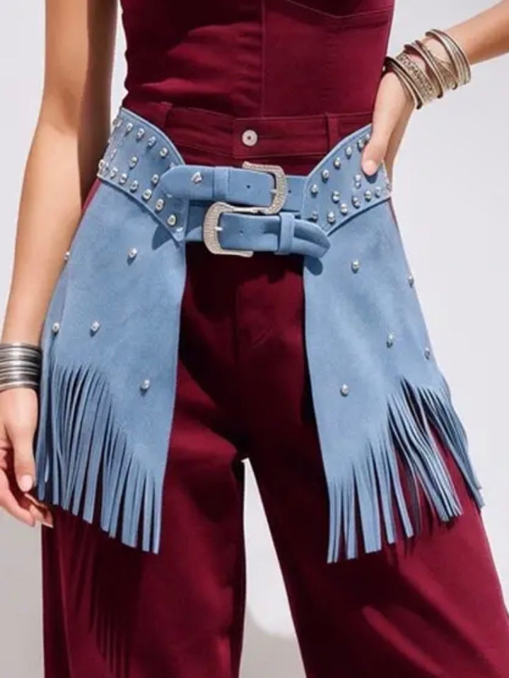 FAUX SUEDE FRINGED BELT-BABY BLUE