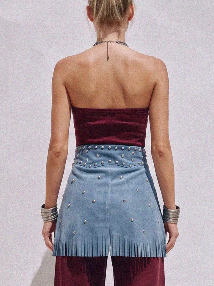 FAUX SUEDE FRINGED BELT-BABY BLUE
