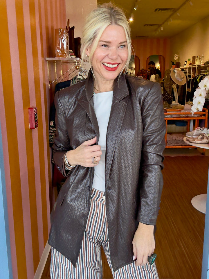 CRISS CROSS FAUX LEATHER BLAZER